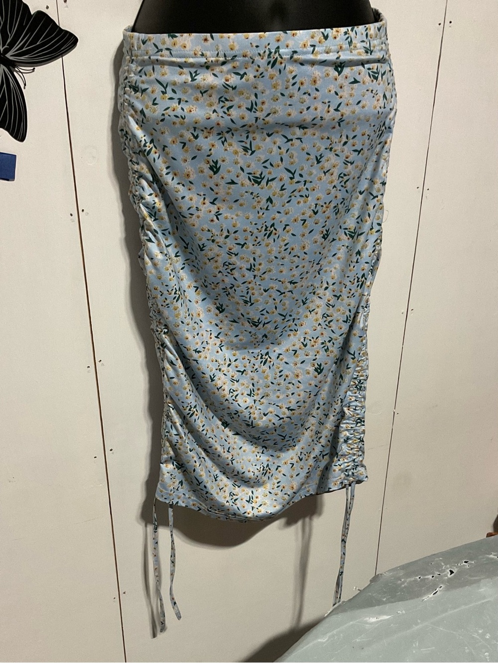 Light Blue Floral Ruched Drawstring Midi Skirt